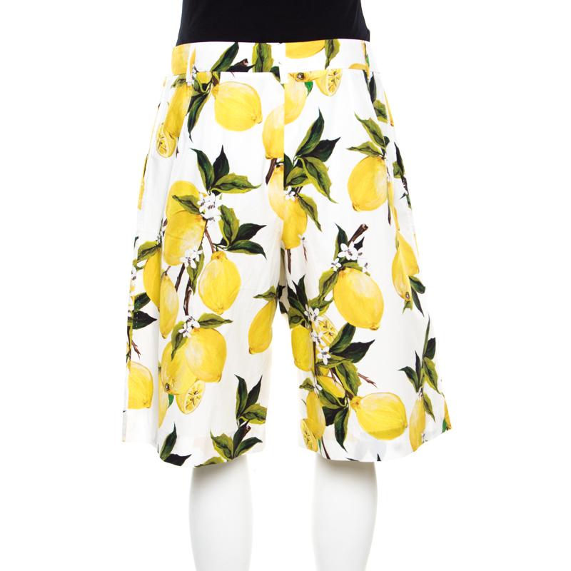 Yellow Dolce and Gabbana White Lemon and Floral Printed Cotton Bermuda Shorts S