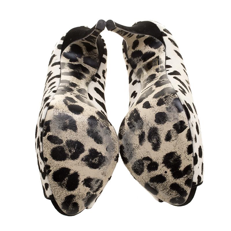 Black Dolce and Gabbana White Leopard Print Calfhair Peep Toe Platform Pumps Size 35.5