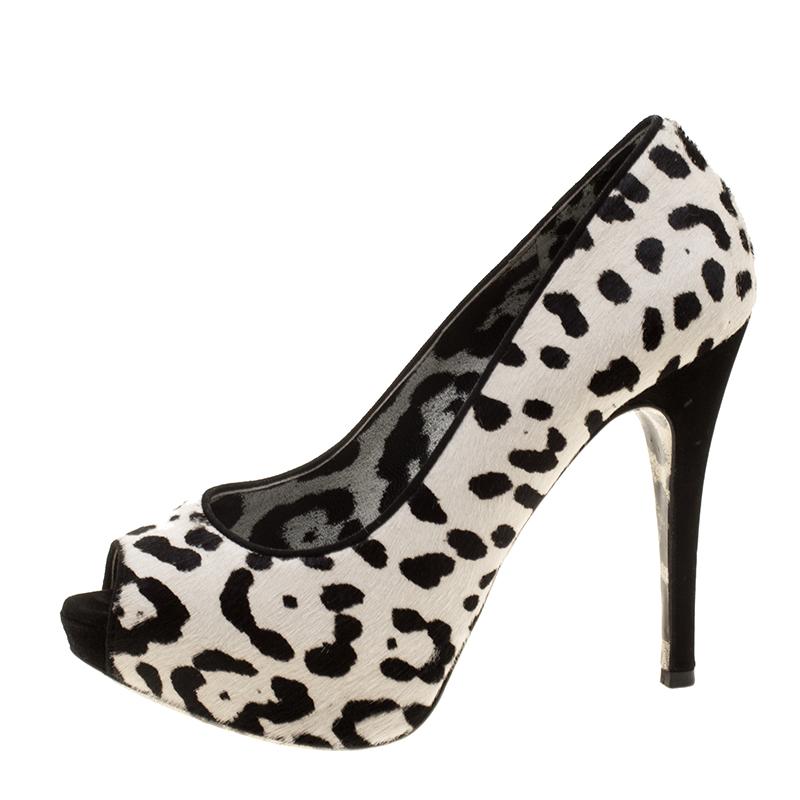 Dolce and Gabbana White Leopard Print Calfhair Peep Toe Platform Pumps Size 35.5 1