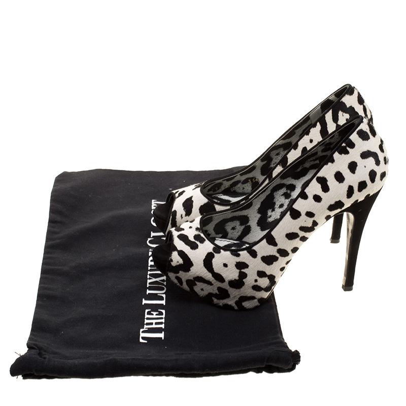 Dolce and Gabbana White Leopard Print Calfhair Peep Toe Platform Pumps Size 35.5 2