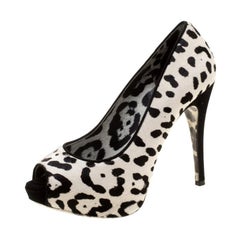Dolce and Gabbana White Leopard Print Calfhair Peep Toe Platform Pumps Size 35.5