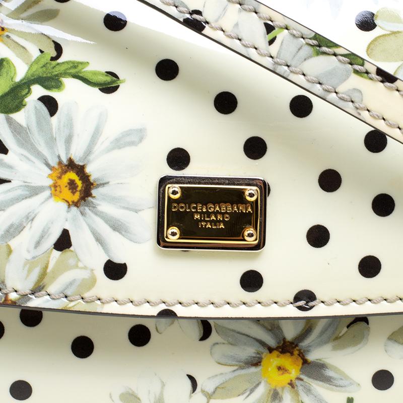 Dolce and Gabbana White Polka Dots Floral Print Patent Leather Miss Sicily Cross 6