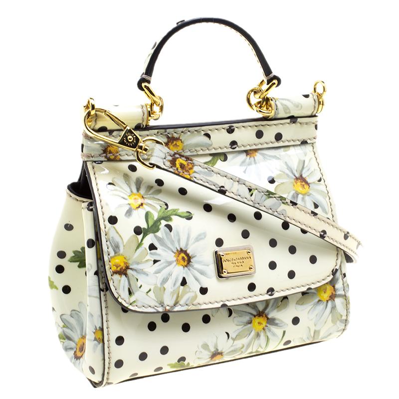 Dolce and Gabbana White Polka Dots Floral Print Patent Leather Miss Sicily Cross In Good Condition In Dubai, Al Qouz 2