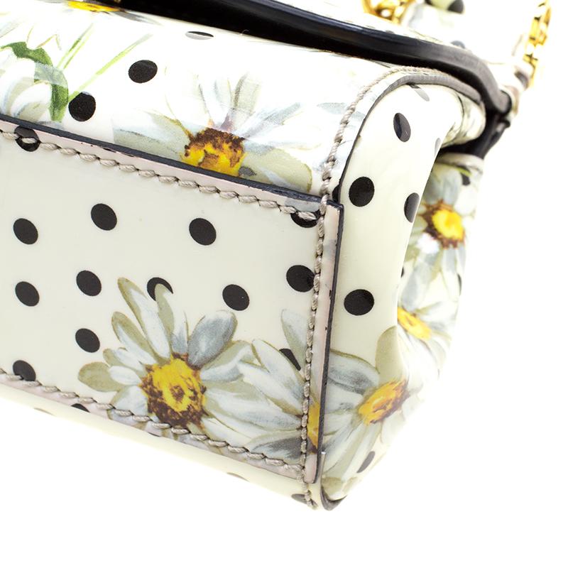 Dolce and Gabbana White Polka Dots Floral Print Patent Leather Miss Sicily Cross 1