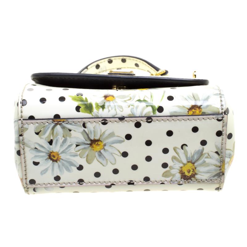 Dolce and Gabbana White Polka Dots Floral Print Patent Leather Miss Sicily Cross 2