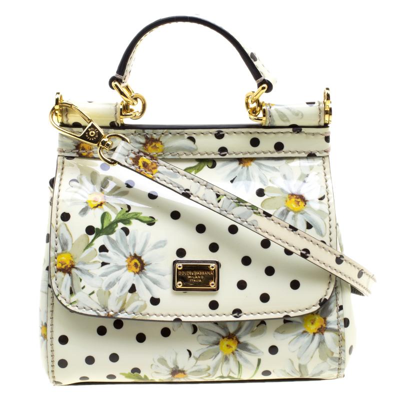 Dolce and Gabbana White Polka Dots Floral Print Patent Leather Miss Sicily Cross