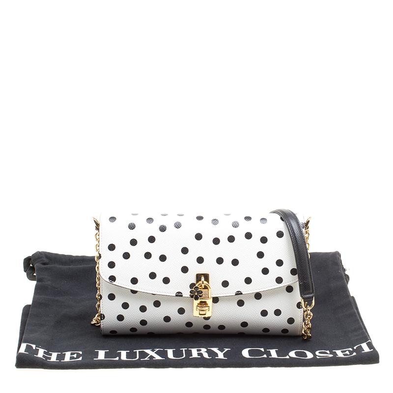 Dolce and Gabbana White Polka Dots Leather Padlock Chain Clutch 5