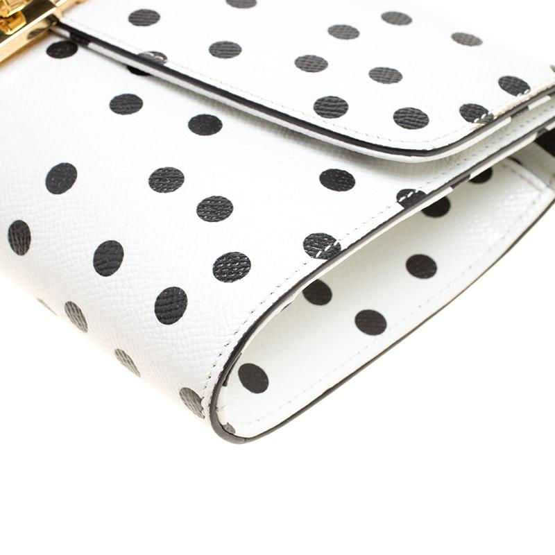 Women's Dolce and Gabbana White Polka Dots Leather Padlock Chain Clutch