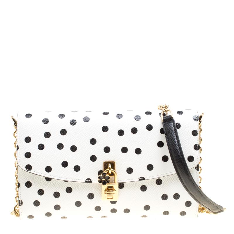 Dolce and Gabbana White Polka Dots Leather Padlock Chain Clutch