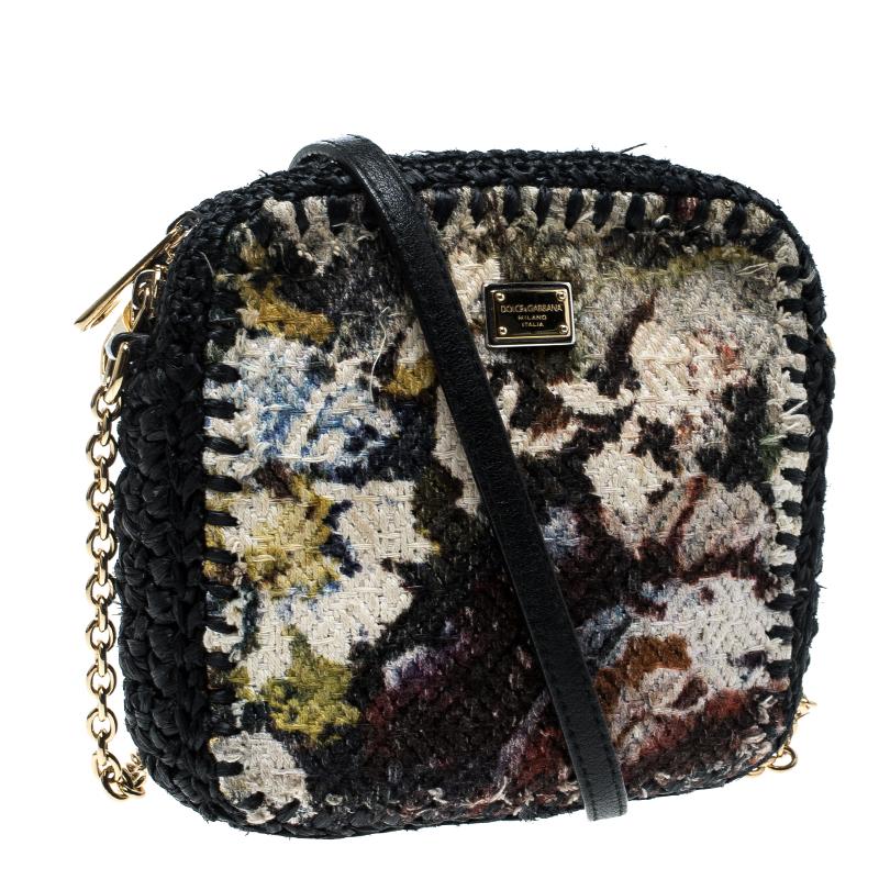 Black Dolce and Gabbana Woven Fabric and Raffia Shoulder Bag