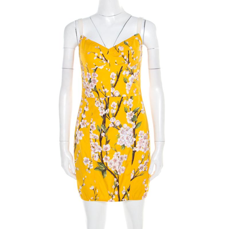 Beige Dolce and Gabbana Yellow Almond Blossom Print Cotton Bustier Sheath Dress S