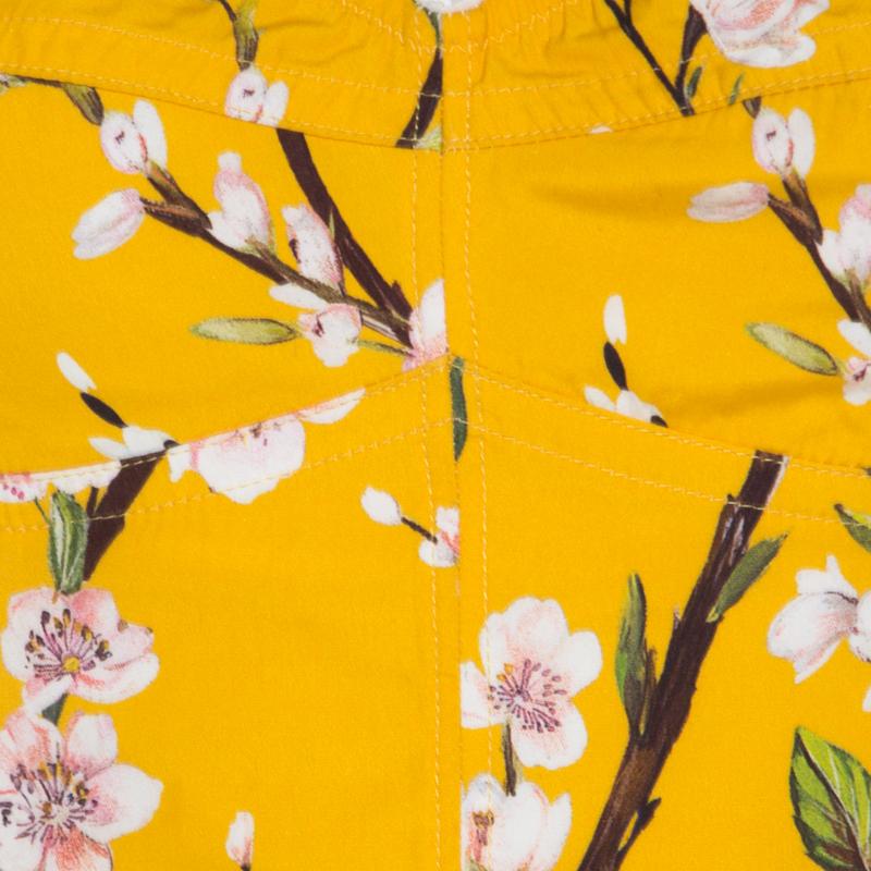Women's Dolce and Gabbana Yellow Almond Blossom Print Cotton Bustier Sheath Dress S