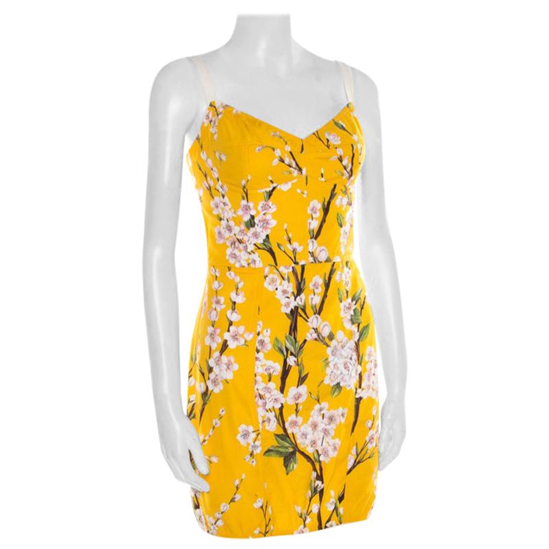 Dolce and Gabbana Yellow Almond Blossom Print Cotton Bustier Sheath Dress S