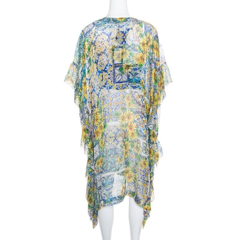 Dolce and Gabbana Yellow Floral Printed Sheer Silk Kaftan L For Sale at ...