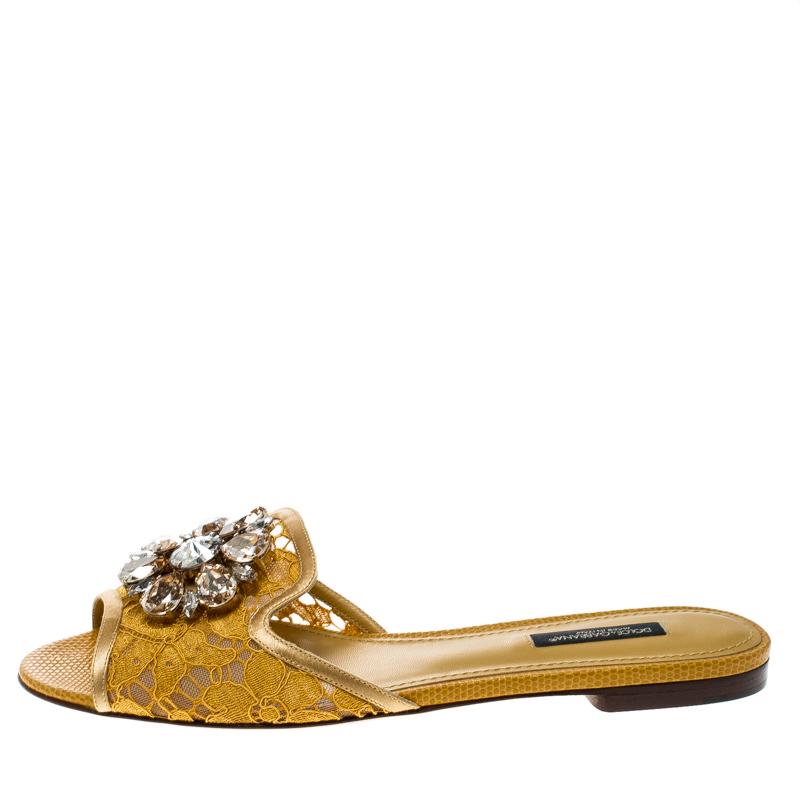 Dolce and Gabbana Yellow Lace Sofia Crystal Embellished Slides Size 37
