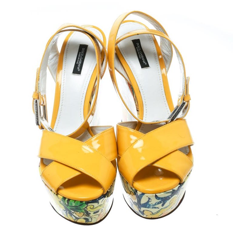 Dolce and Gabbana Yellow Patent Leather Floral Printed Wedge Ankle ...