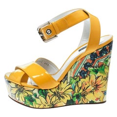 Dolce and Gabbana Yellow Patent Leather Floral Printed Wedge Ankle Strap Sandals