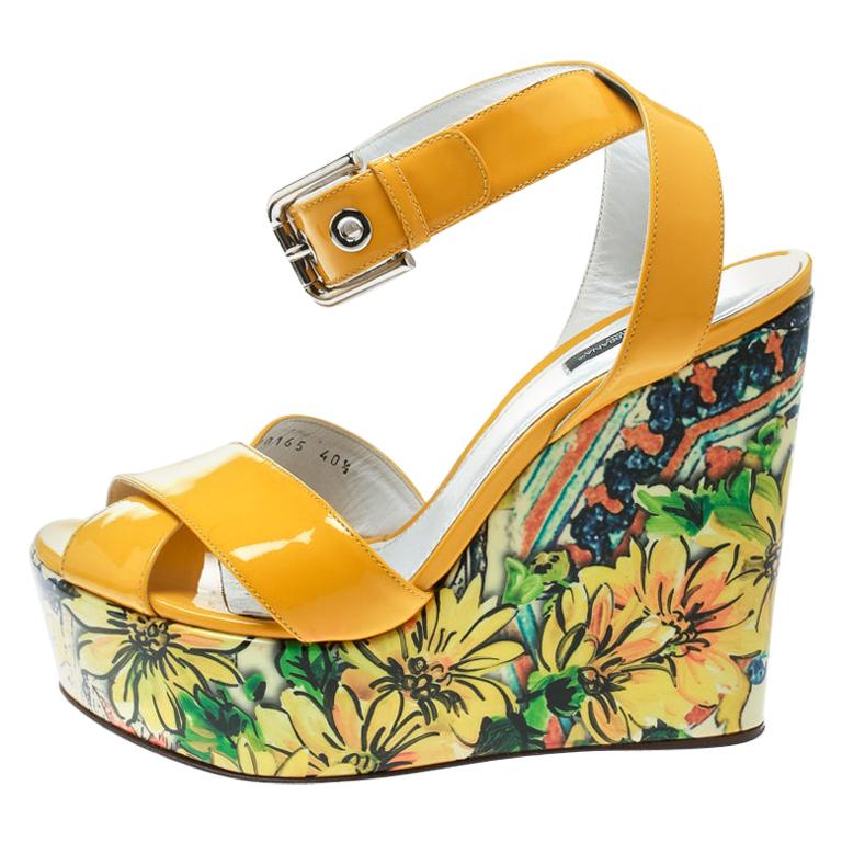 Dolce & Gabbana Green Floral Ankle Strap Wedge Sandals Shoes