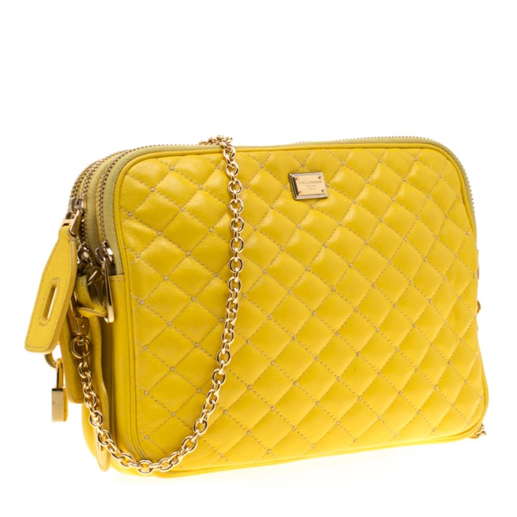 Women's Dolce and Gabbana Yellow Quilted Leather Crossbody Bag