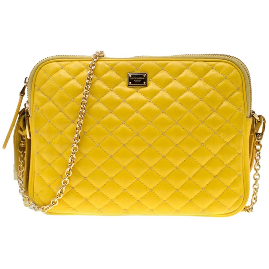Dolce and Gabbana Yellow Quilted Leather Crossbody Bag