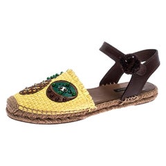 Dolce And Gabbana Yellow Raffia/Leather Pineapple and Kiwi Patch Sandals Size 40