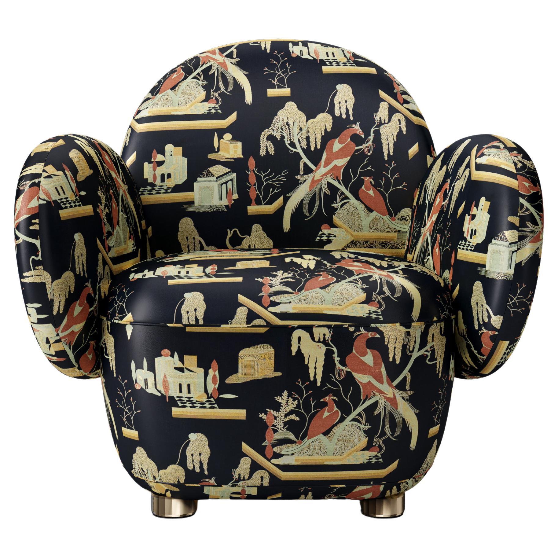 Dolce Armchair with Plush Black Beige Dedar Fabric by Matteo Cibic For Sale
