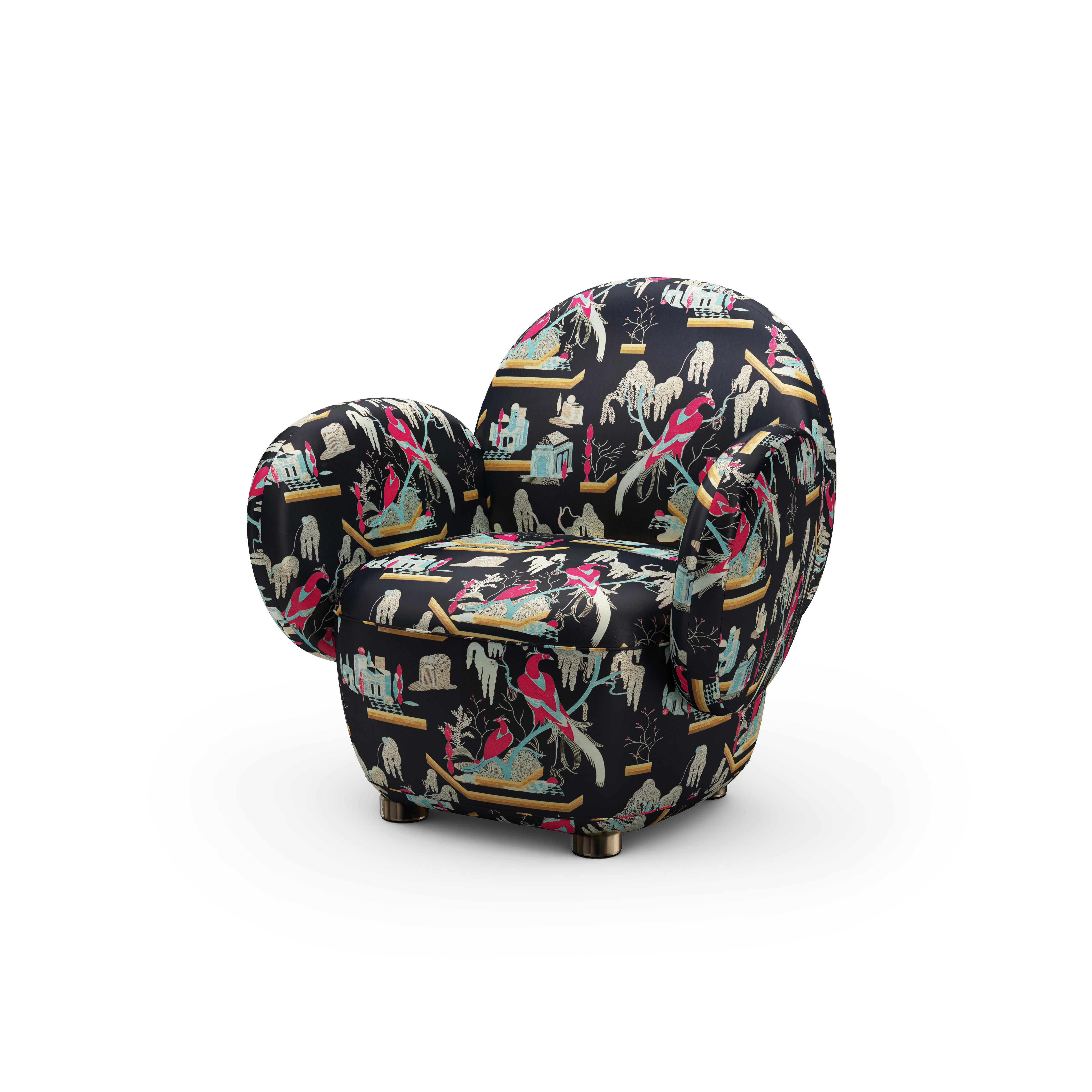 Dolce Armchair is an exquisite single seater sofa, which can be used on its own or with the Dolce Sofa. Its upholstered in the plush black-pink jacquard fabric, This Must Be The Place by Dedar Milano. Ideal for playful lazing! Designed by Matteo