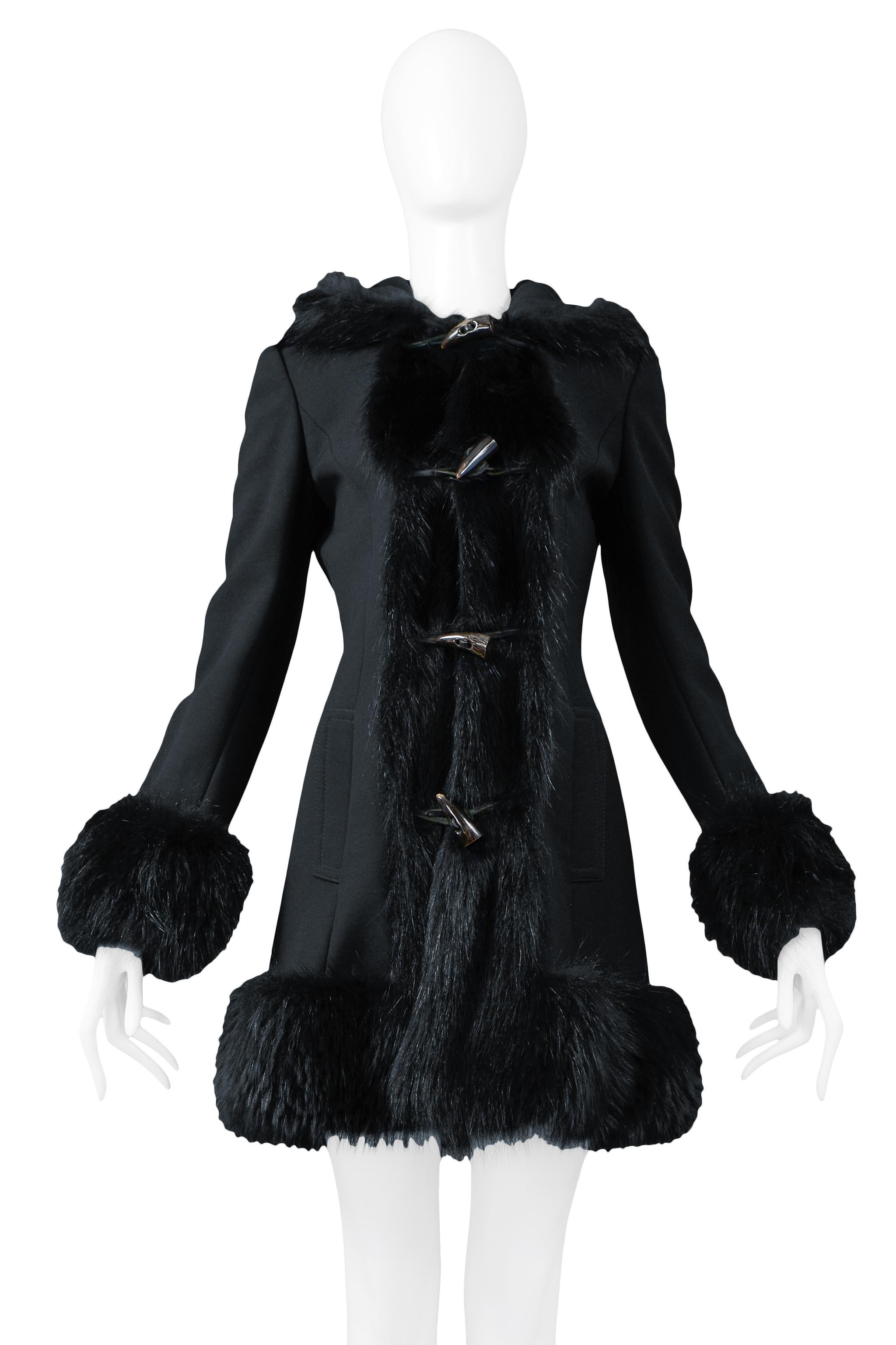 Dolce Black Wool Toggle Coat With Fur Trim Hood In Excellent Condition For Sale In Los Angeles, CA