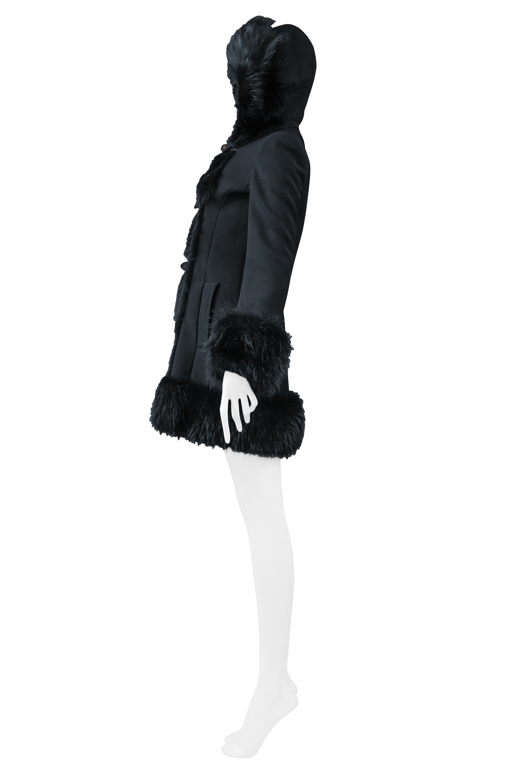 Women's Dolce Black Wool Toggle Coat With Fur Trim Hood For Sale