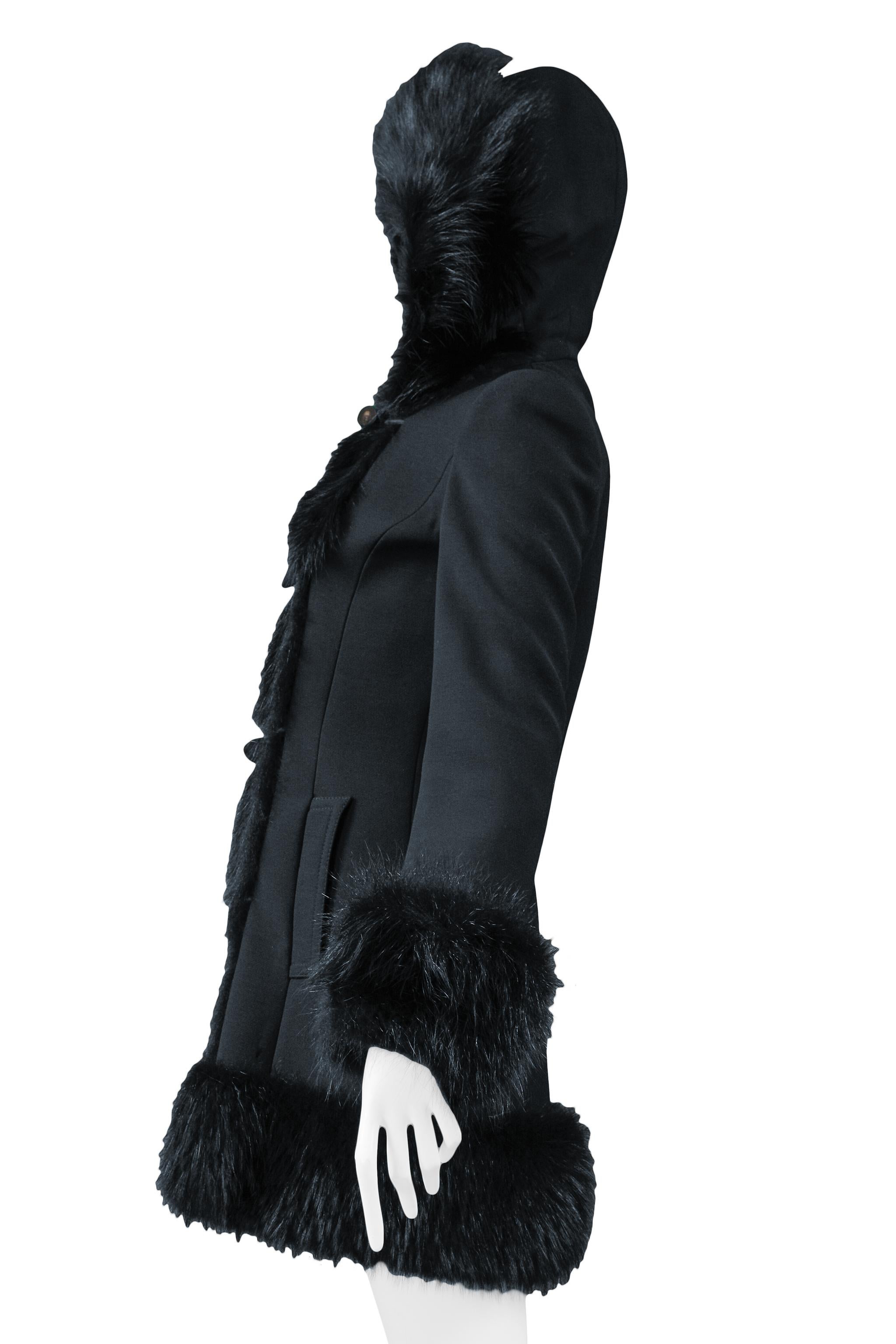 Dolce Black Wool Toggle Coat With Fur Trim Hood For Sale 1
