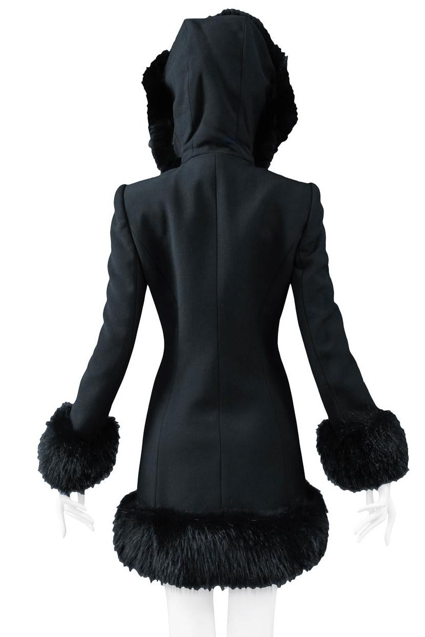Dolce Black Wool Toggle Coat With Fur Trim Hood For Sale 2