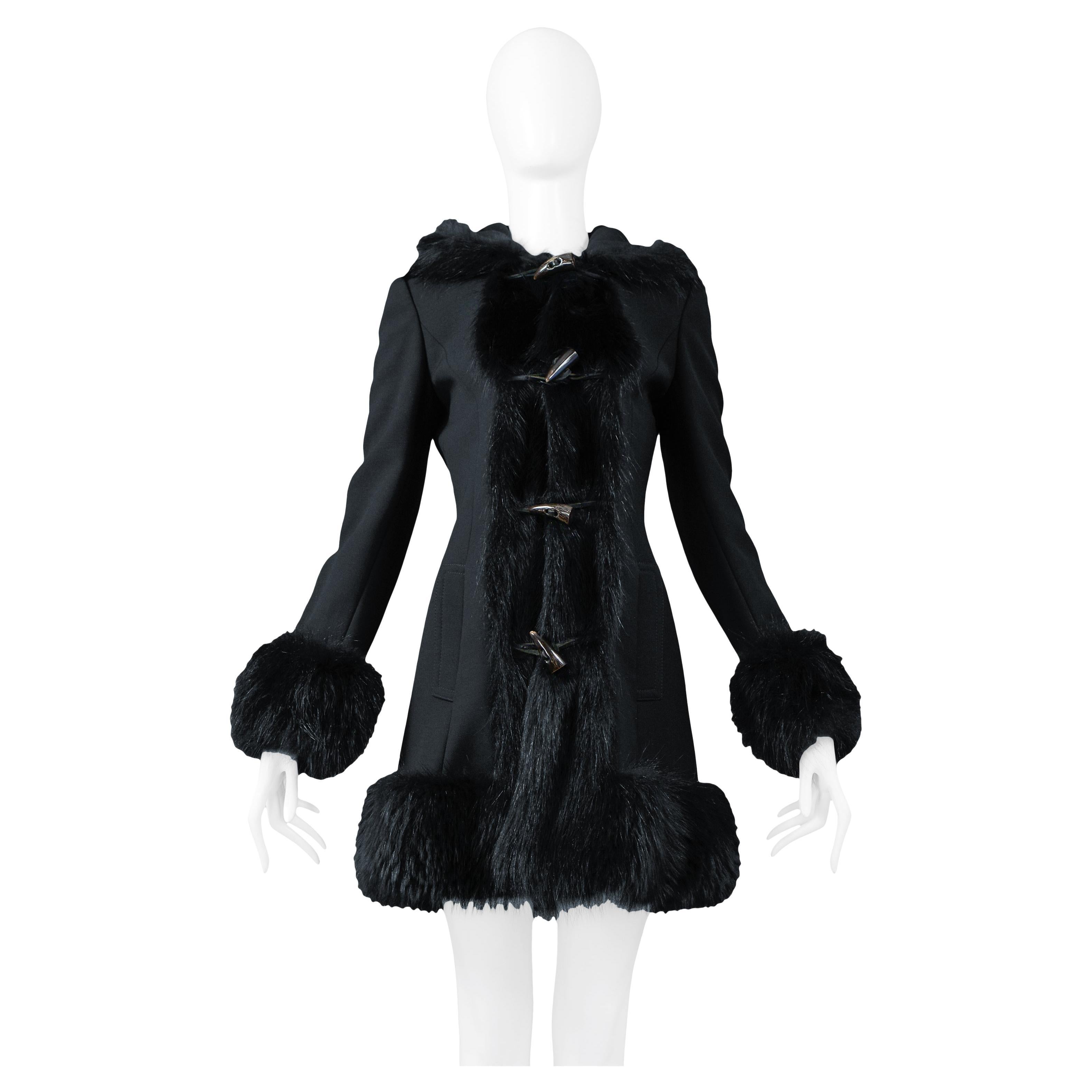 Dolce Black Wool Toggle Coat With Fur Trim Hood For Sale