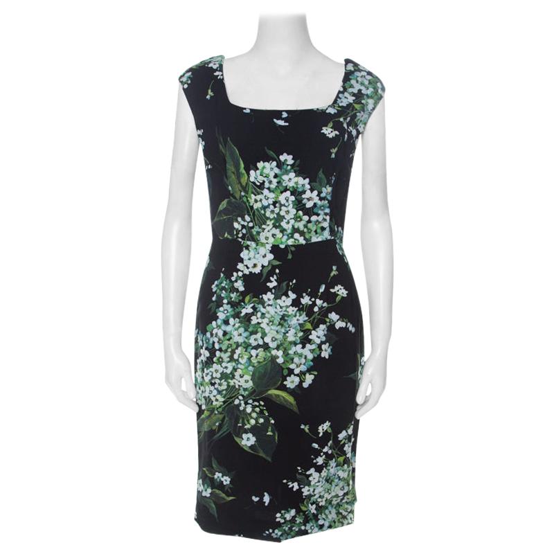 Dolce & Gabanna Black Floral Print Moss Crepe Cap Sleeve Sheath Dress S