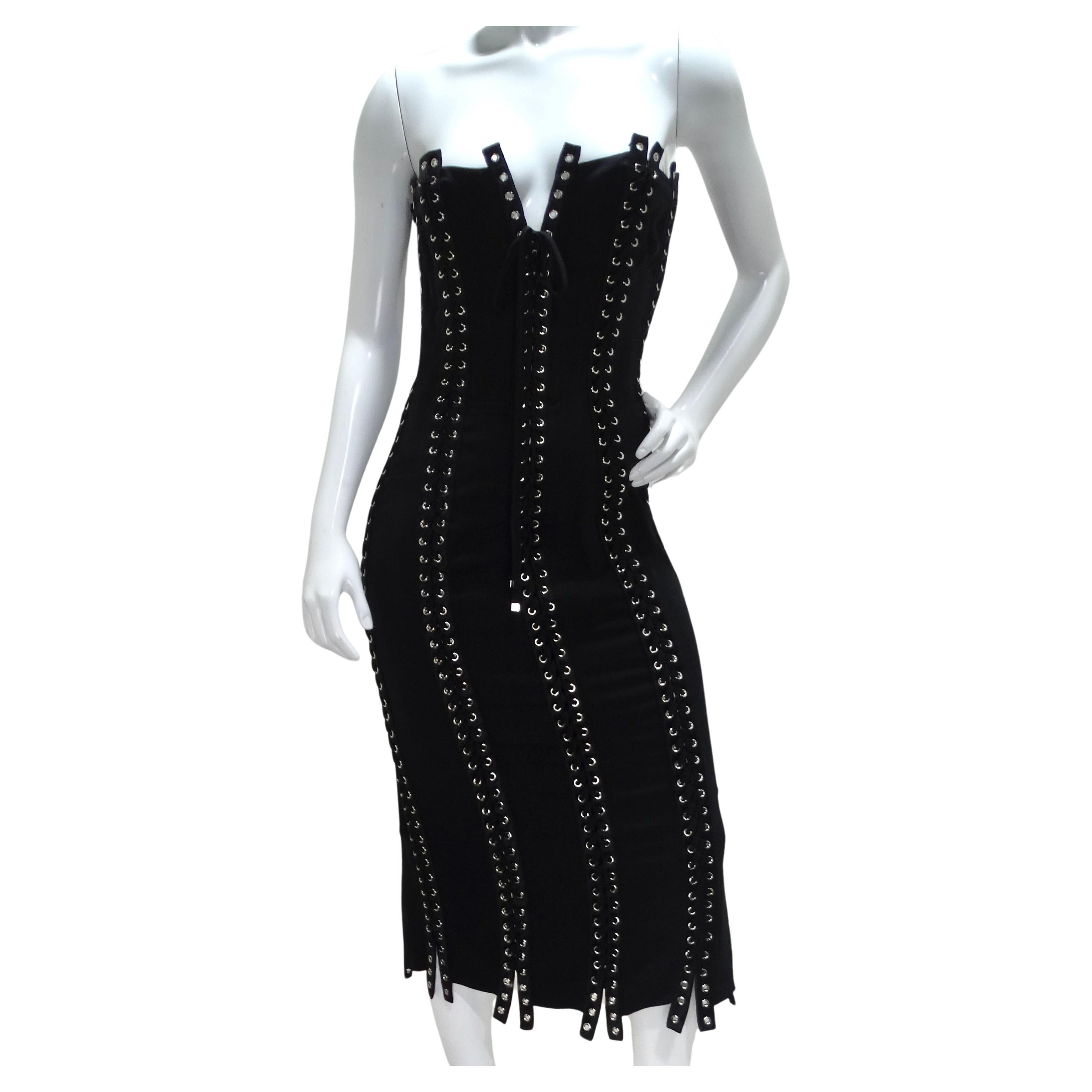 Dolce & Gabanna Black Strapless Eyelet Lace Up Bodycon Dress For Sale