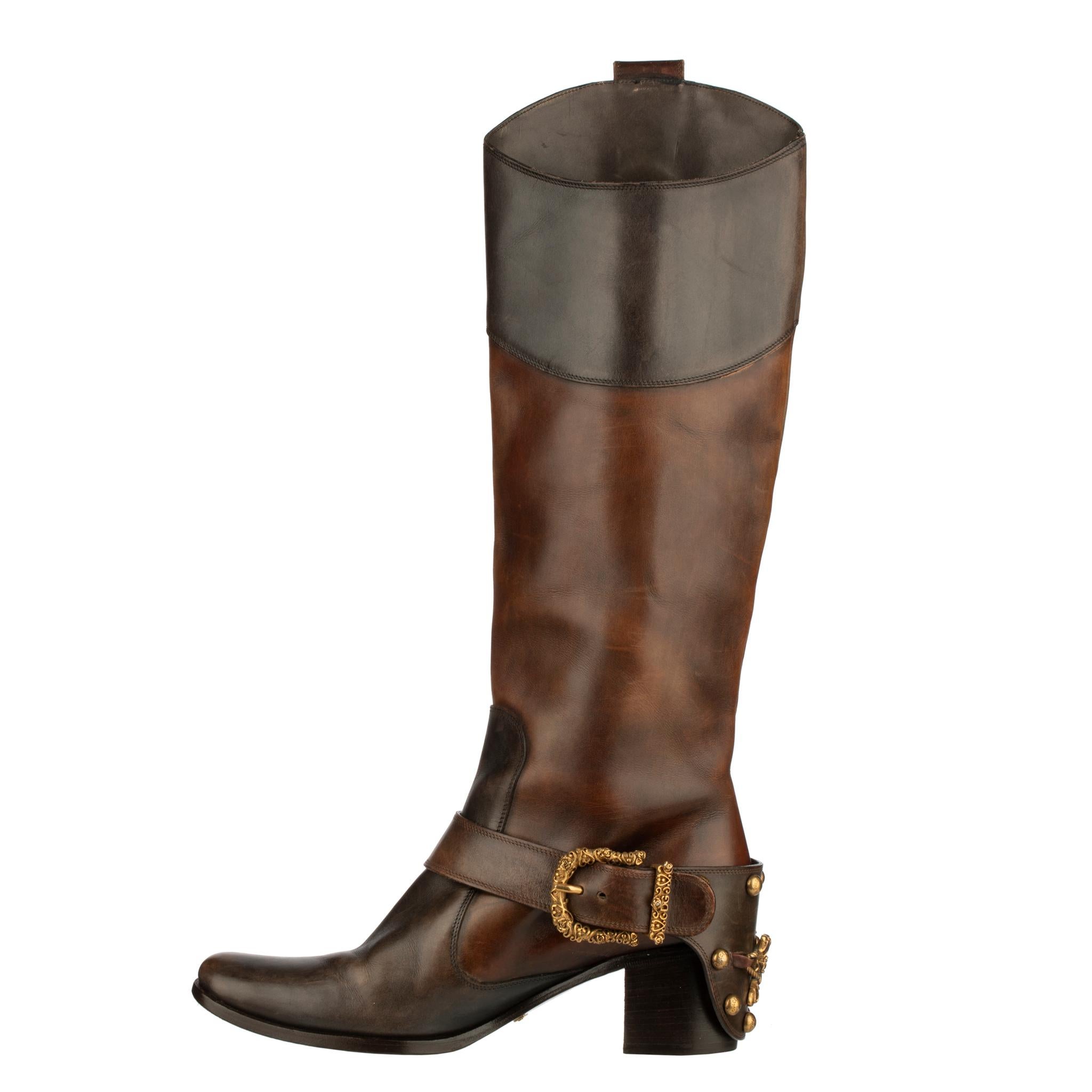 Dolce & Gabbana Brown Leather Cowboy Boots 39 IT 6