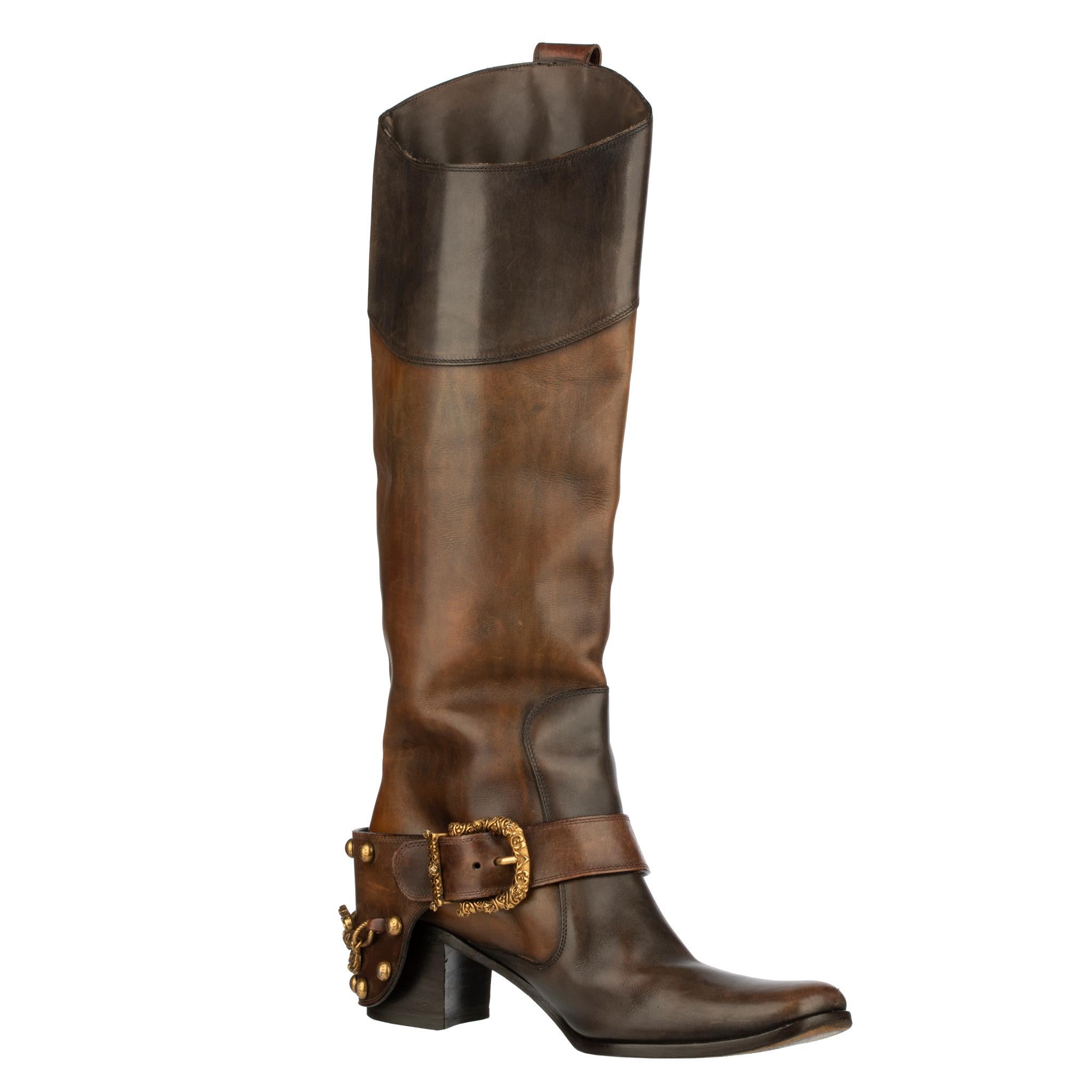 Dolce & Gabbana Brown Leather Cowboy Boots 39 IT 7