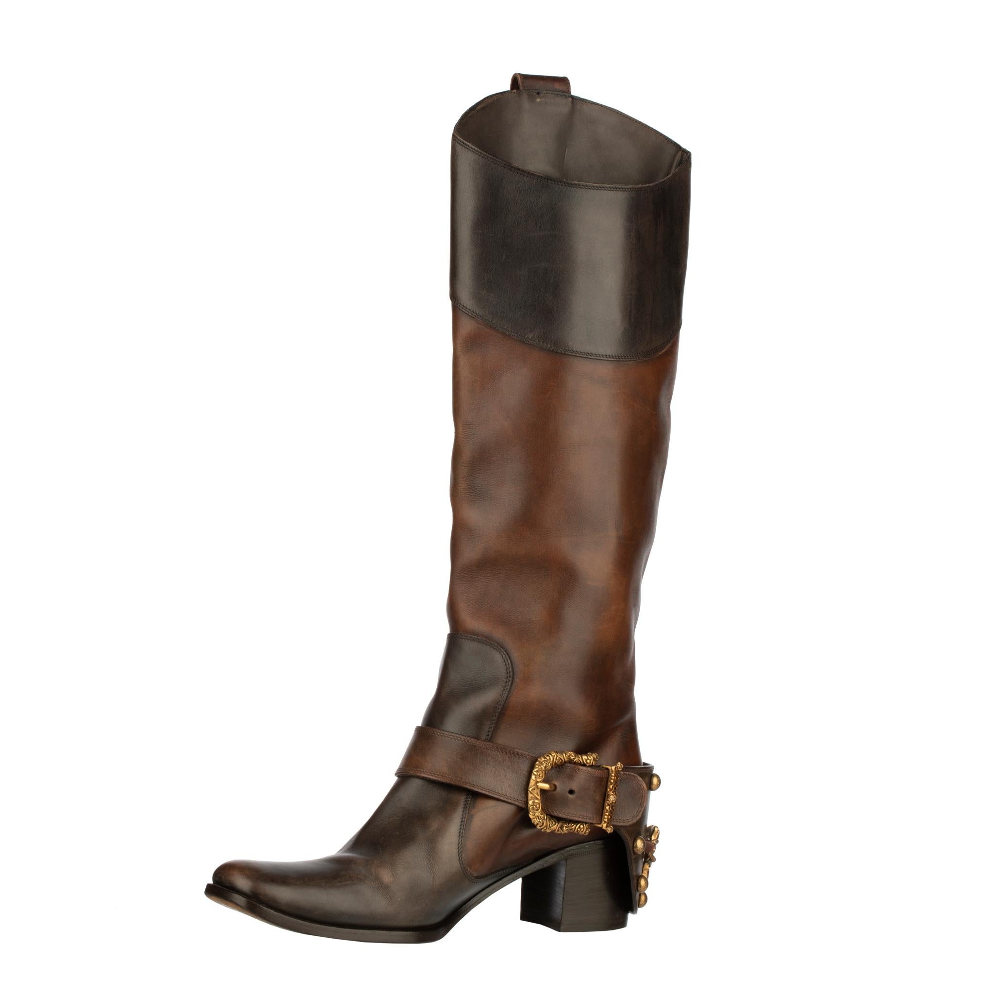 Dolce & Gabbana Brown Leather Cowboy Boots 39 IT 3
