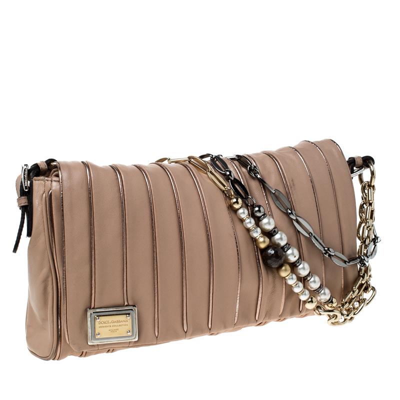 Women's Dolce & Gabanna Nude Beige Stripe Leather Miss Charles Shoulder Bag