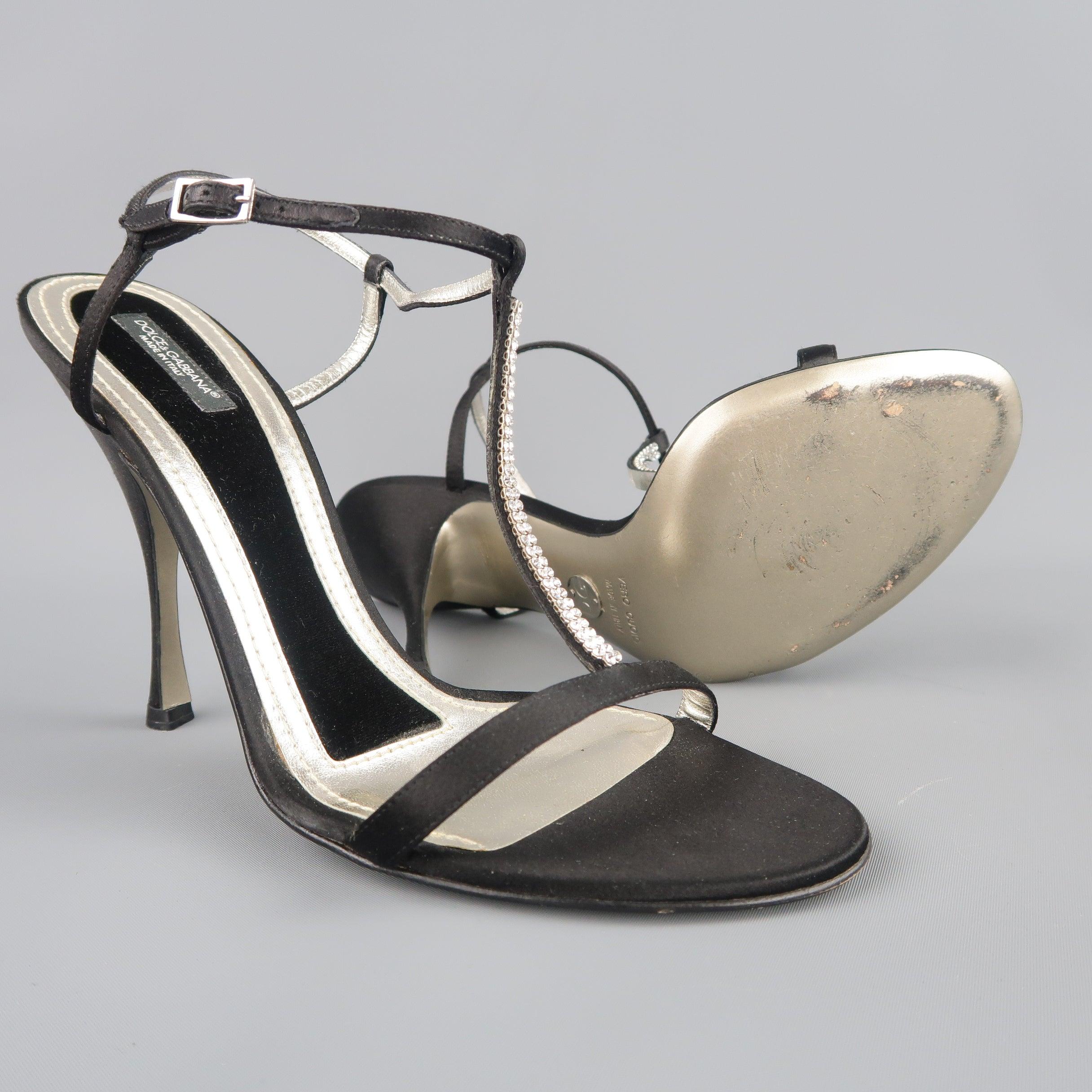 Women's DOLCE & GABBANA 10 Black Silk & Leather Rhinestone T Strap Ankle Harness Sandals For Sale