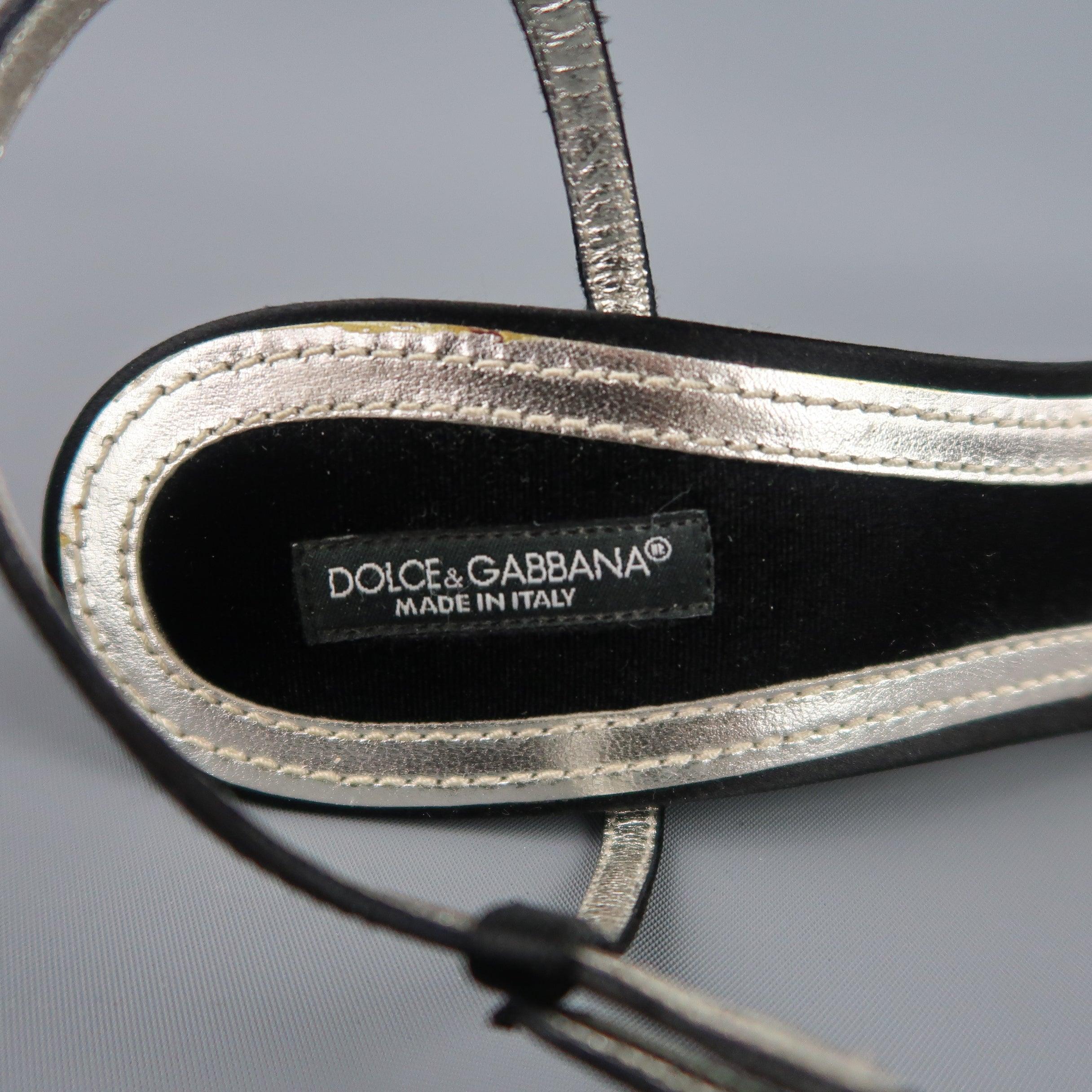 DOLCE & GABBANA 10 Black Silk & Leather Rhinestone T Strap Ankle Harness Sandals For Sale 5