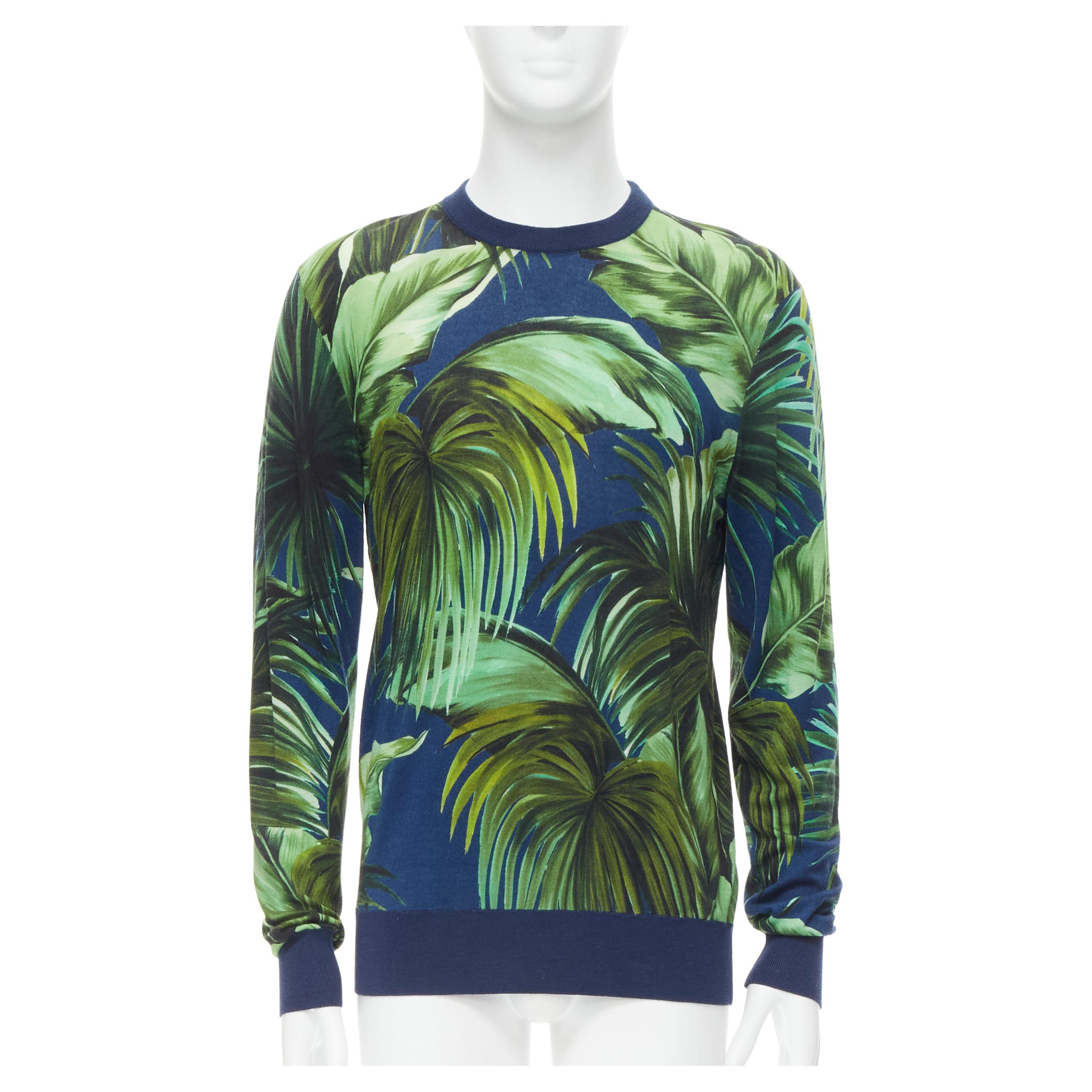 DOLCE GABBANA 100% cashmere blue green palm tree pullover sweater IT48 M
