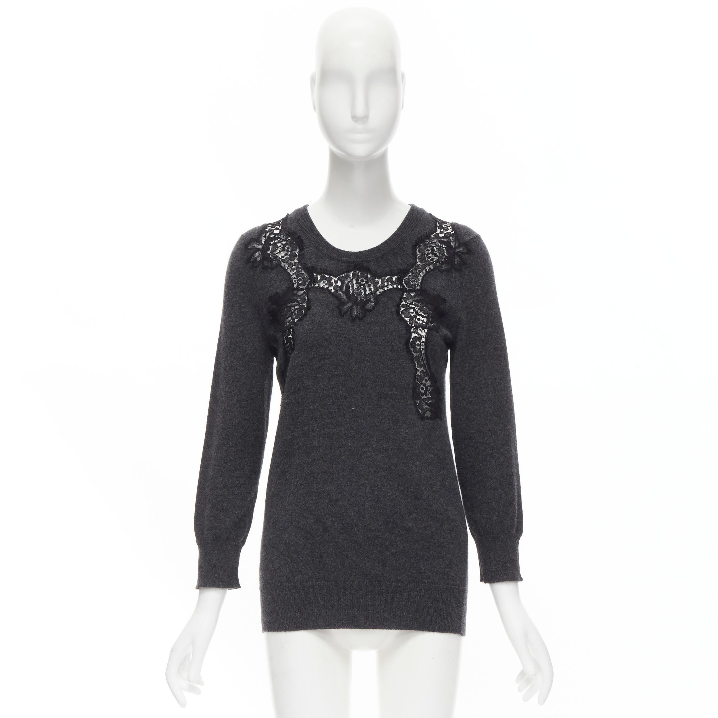 DOLCE GABBANA 100% cashmere grey black floral lace insert pullover sweater  For Sale 3