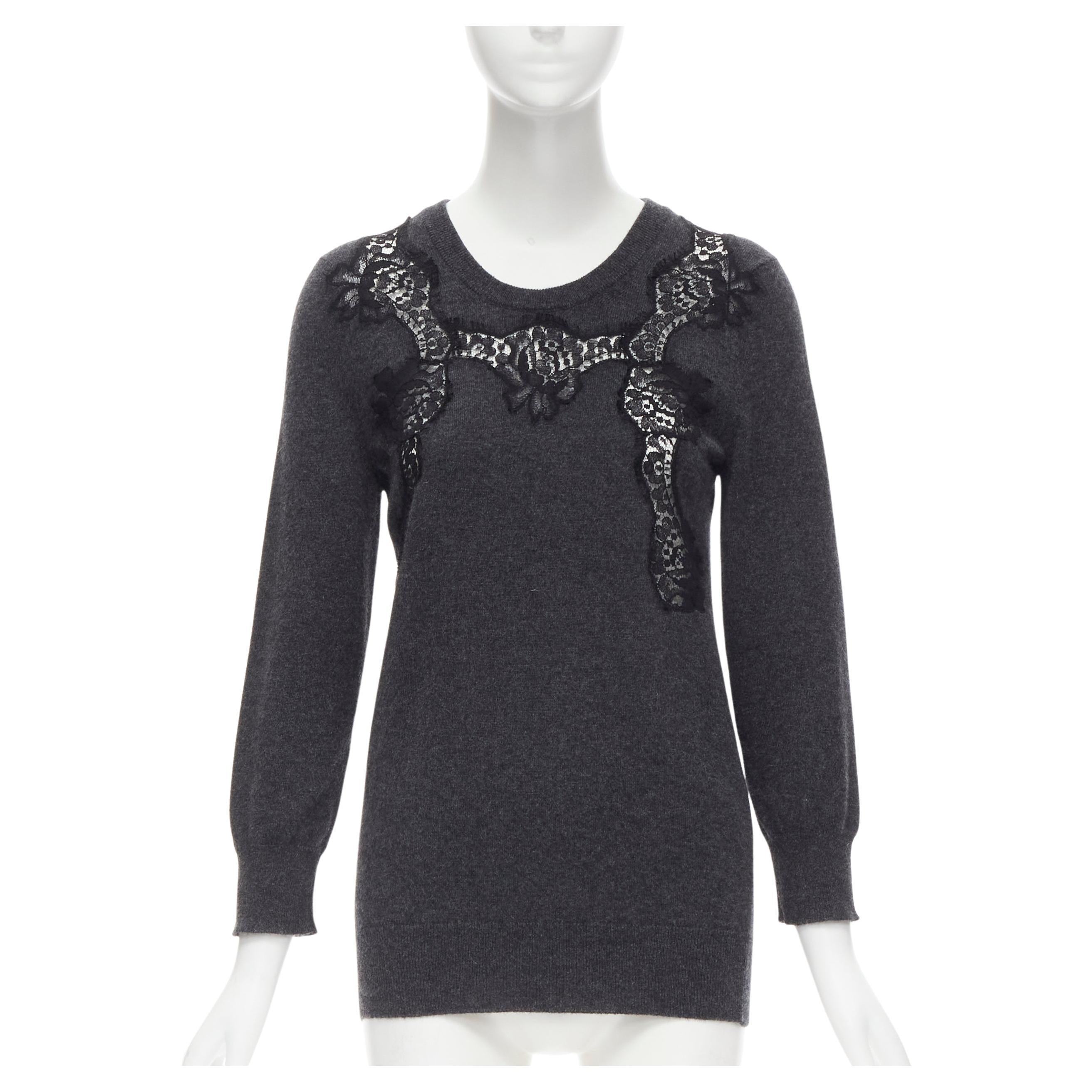 DOLCE GABBANA 100% cashmere grey black floral lace insert pullover sweater  For Sale