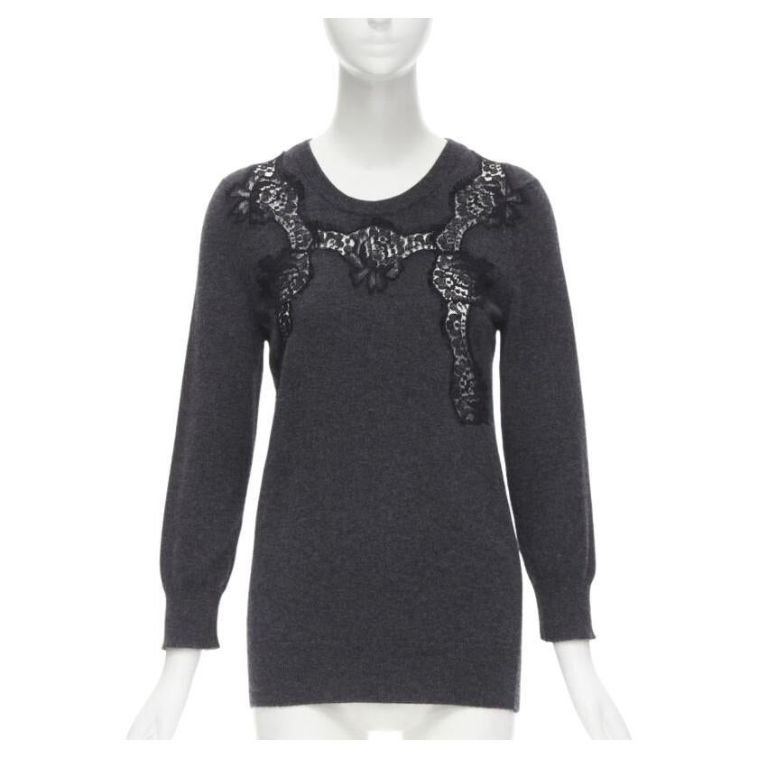DOLCE GABBANA 100% cashmere grey black floral lace pullover sweater IT44 M For Sale