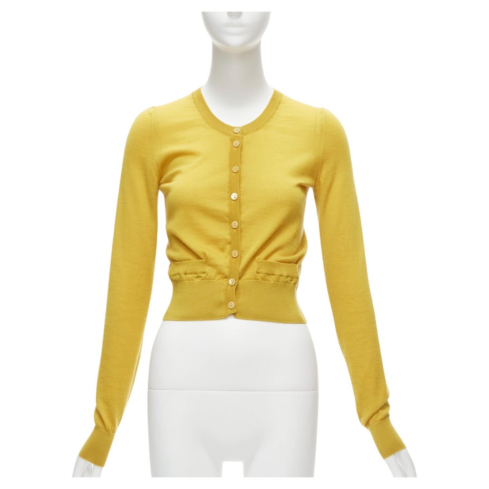 Dolce Gabbana 100% Cashmere Yellow Duo Pocket Cropped Cardigan Sweater IT38 Xs