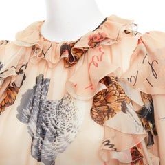 DOLCE GABBANA 100% silk beige chiken hen print sheer ruffled blouse IT38 XS