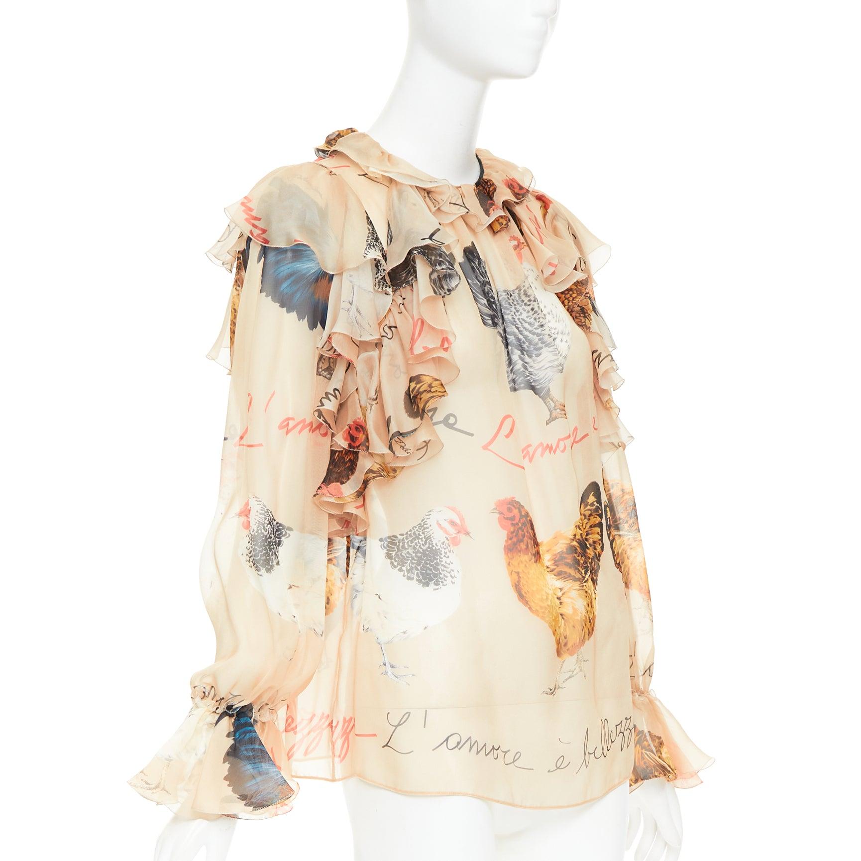 Beige DOLCE GABBANA 100% silk beige chiken hen print sheer ruffled blouse IT38 XS in vendita
