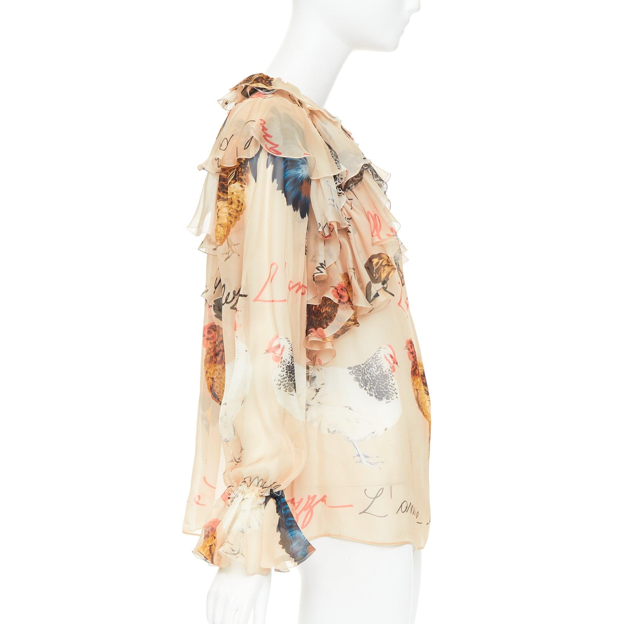 DOLCE GABBANA 100% silk beige chiken hen print sheer ruffled blouse IT38 XS In condizioni ottime in vendita a Hong Kong, NT