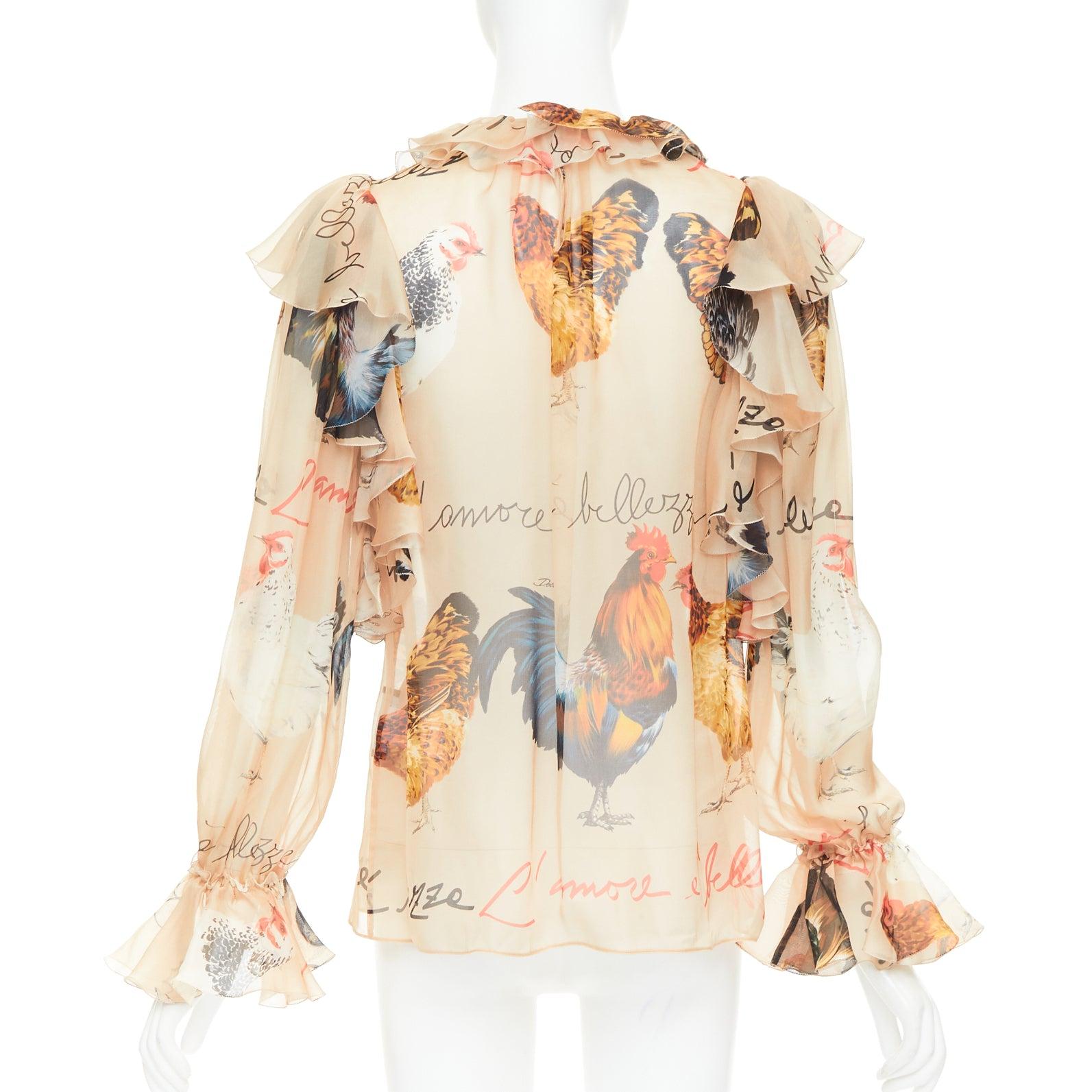 Donna DOLCE GABBANA 100% silk beige chiken hen print sheer ruffled blouse IT38 XS in vendita