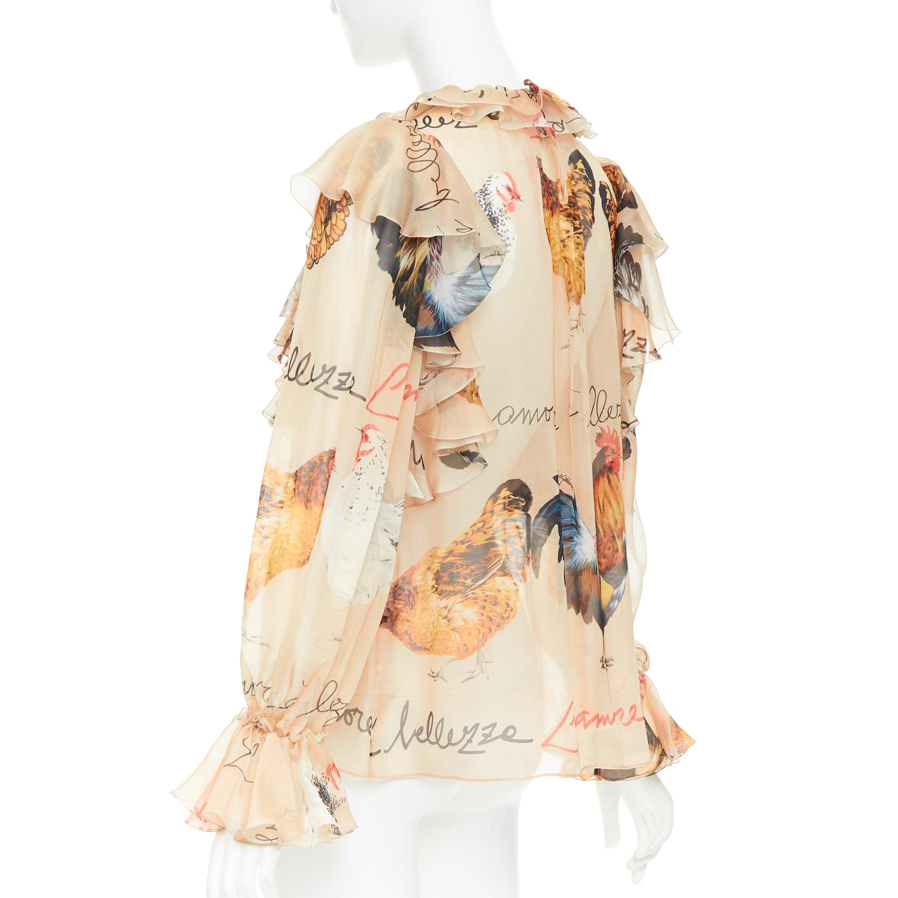 DOLCE GABBANA 100% silk beige chiken hen print sheer ruffled blouse IT38 XS in vendita 1